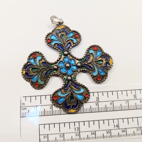 Art Deco 100% Pure Silver Enameled Cross Pendant Marked 1000 - Picture 6 of 7
